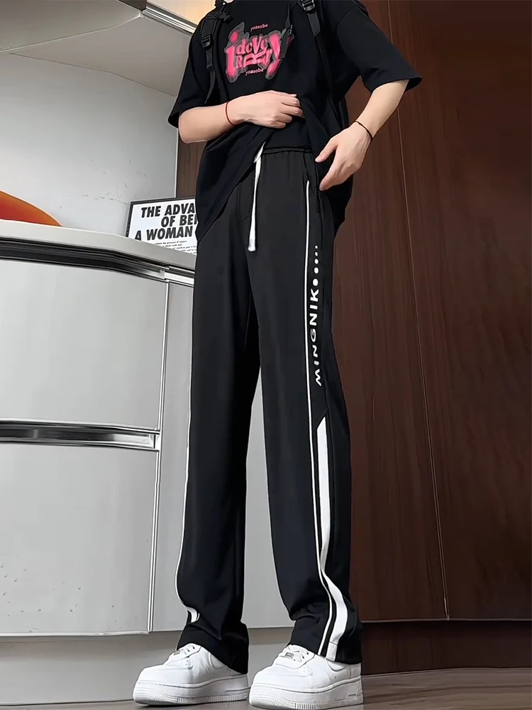 

Модные мужские летние тонкие прямые брюки из ледяного шелка в стиле хип-хоп, американские стильные повседневные брюки для подростков, длинные прямые брюки