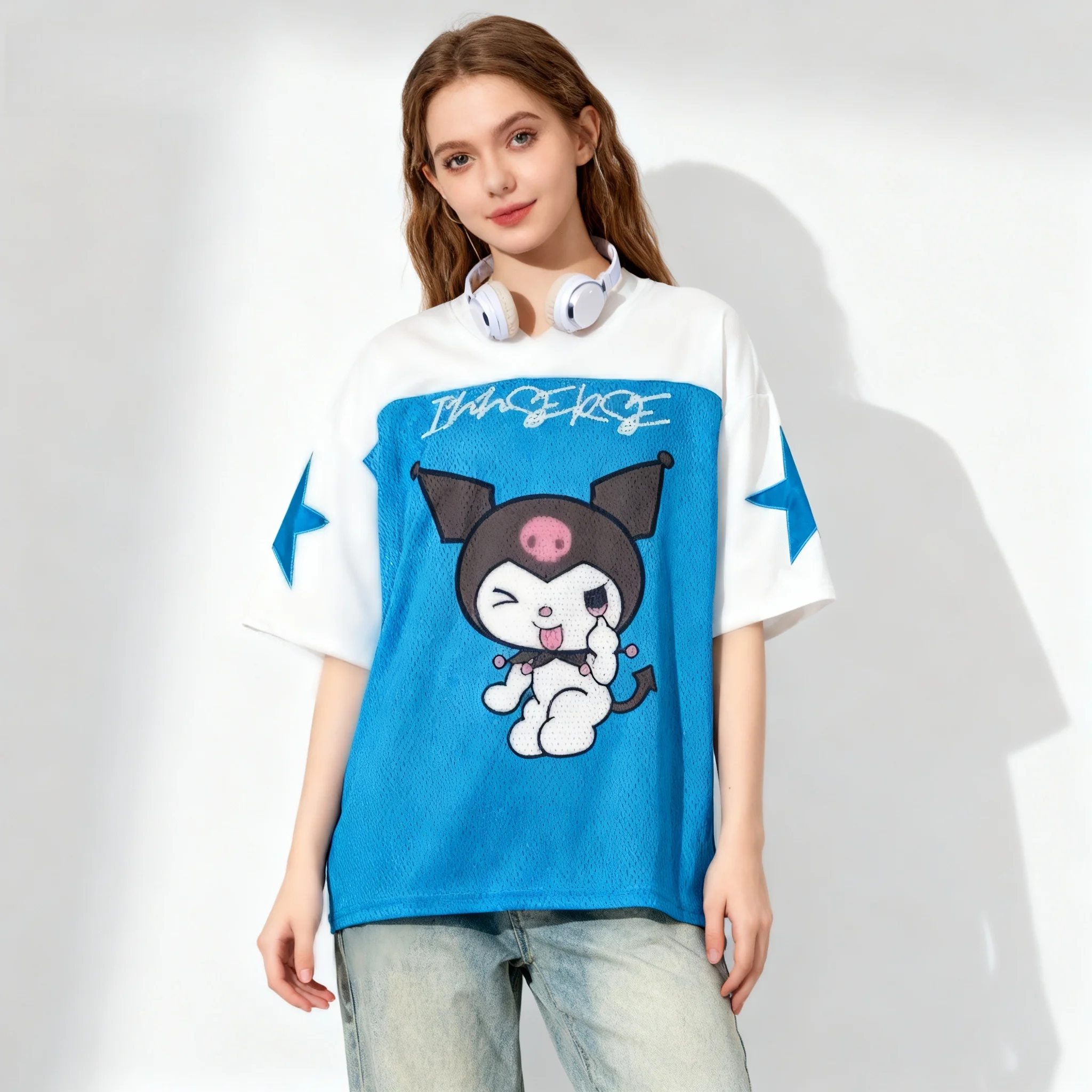 Sanliou كيتي كات كورومي مروحة زي كرة القدم الأمريكية الحلو كول تيشيرت صيفي المتضخم المرأة الكبار تي شيرت رياضي #5