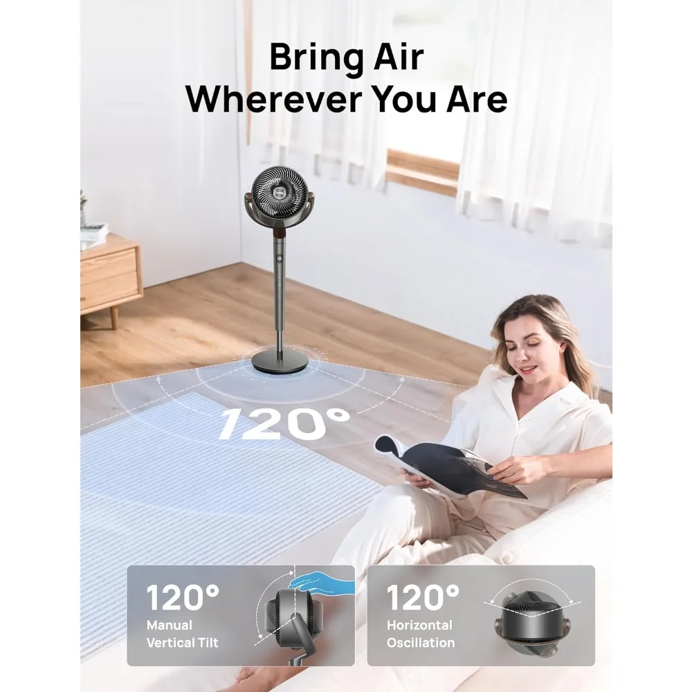 Dreo Fan for Bedroom, 120°+120° Oscillating Standing Fan, DC Motor, 80ft Air Circulator for Whole Room, 8 Speeds, 3 modes, Quiet