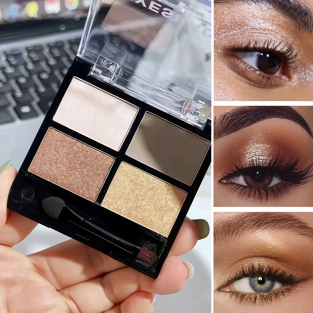 Hochpigmentierte Glitzer-Highlighter-Lidschatten-Palette, 4 Farben, langlebig, schweißfest, wasserfest, matt, birnenförmig, erdfarbener Lidschatten