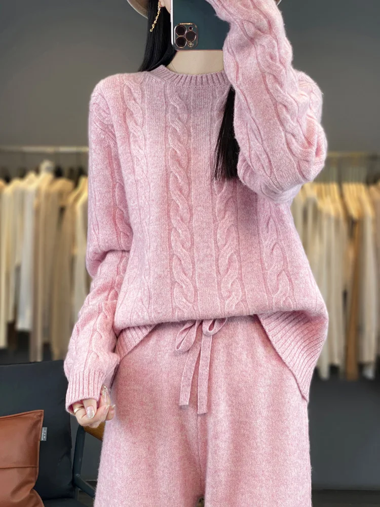 High Quality Wool Knitted Two Piece Set Autumn Winter New Women Solid O-neck Sweater and High Waist Wide Leg Pants Matching Suit