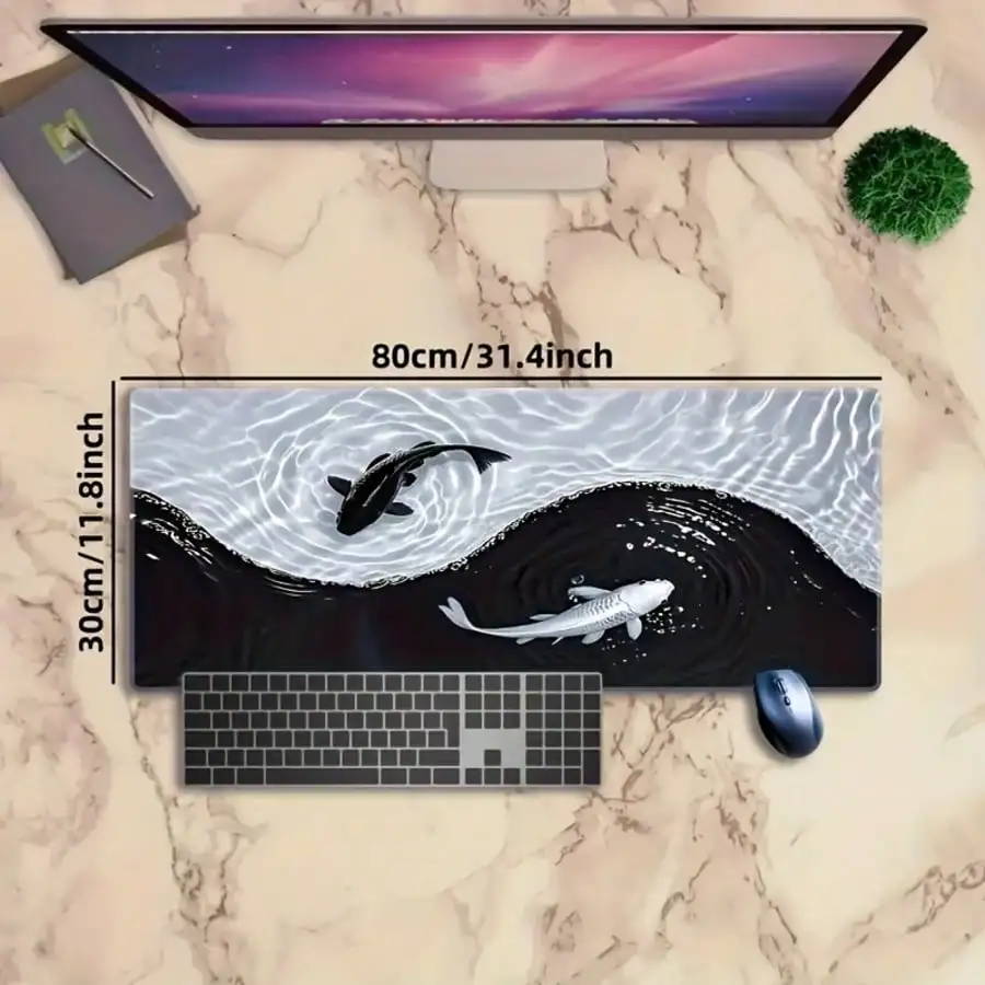 Taiji Koi Fish Gaming Mouse Pad, Rubber Base, Precision Stitched Edges, Waterproof Rectangular Desk Mat, Suitable For Office And Gaming Desk, Office Supplies