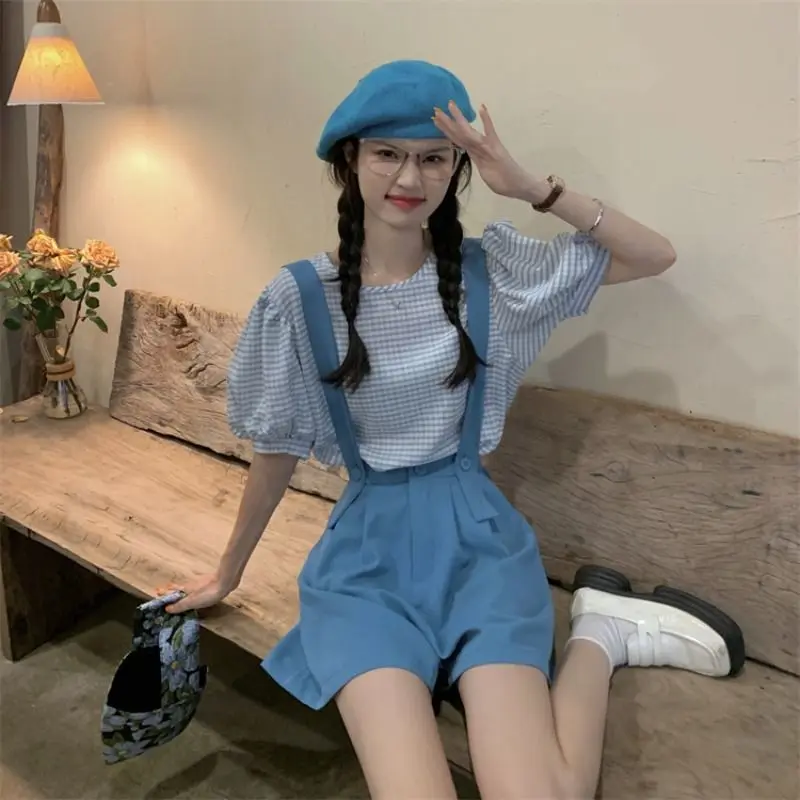 Casual Detachable Summer Lady Salt Series Youth Round Neck Puff Sleeve Short Sleeved Lattice Tops Wide Legs Shorts Two Piece Set