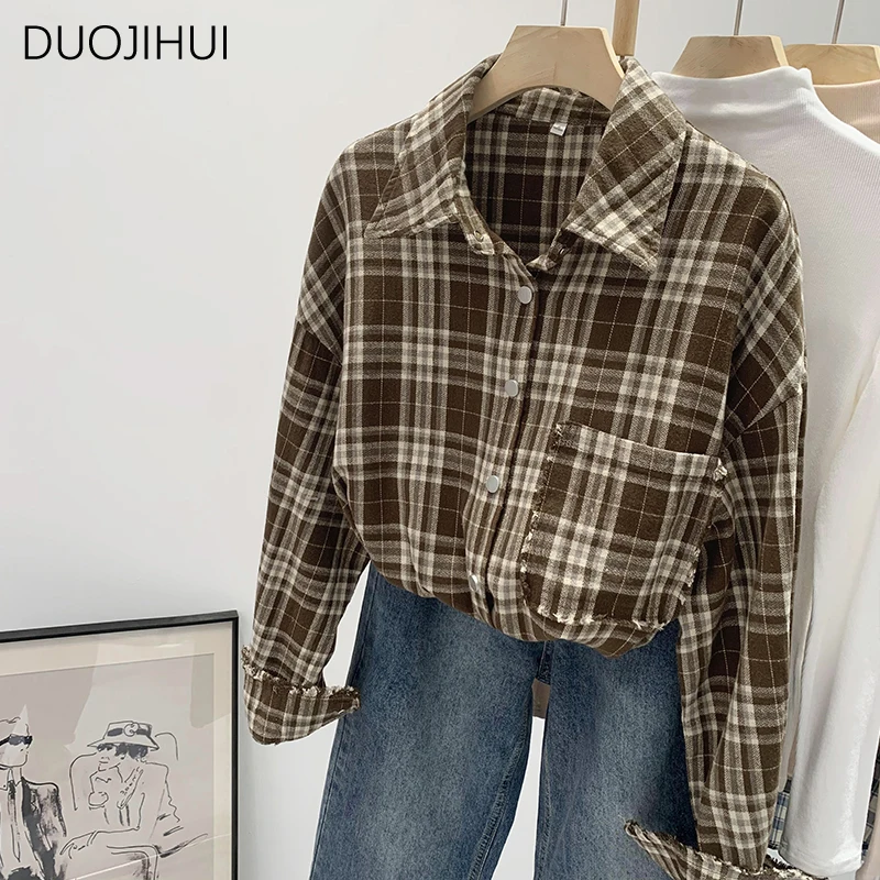 DUOJIHUI-Chemise classique à manches longues pour femme, vêtement simple et décontracté, à carreaux, vintage, pour document d'abonnés, à la mode, automne