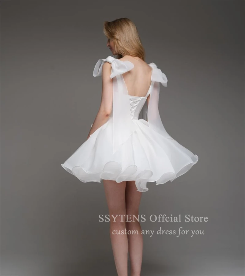 Elegant Organza Wedding Dresses Mini A-Line Bow Straps Sweetheart Bridal Gowns Girls Backless Sleeveless Bespoke Bride Dress