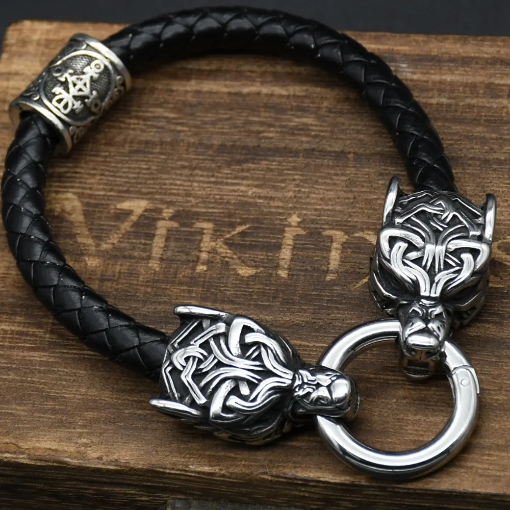 Stainless Steel Wolf Head Bracelets For Women Men Viking Rune Beads Leather Bracelet Jewelry