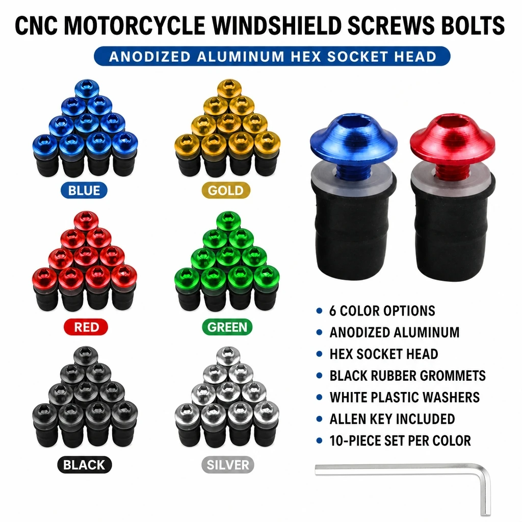 M5 CNC Aluminum Motorcycle Windshield Screws Kit Windscreen Bolts Rubber Grommet Washers For Sport Bike Ninja Fairing