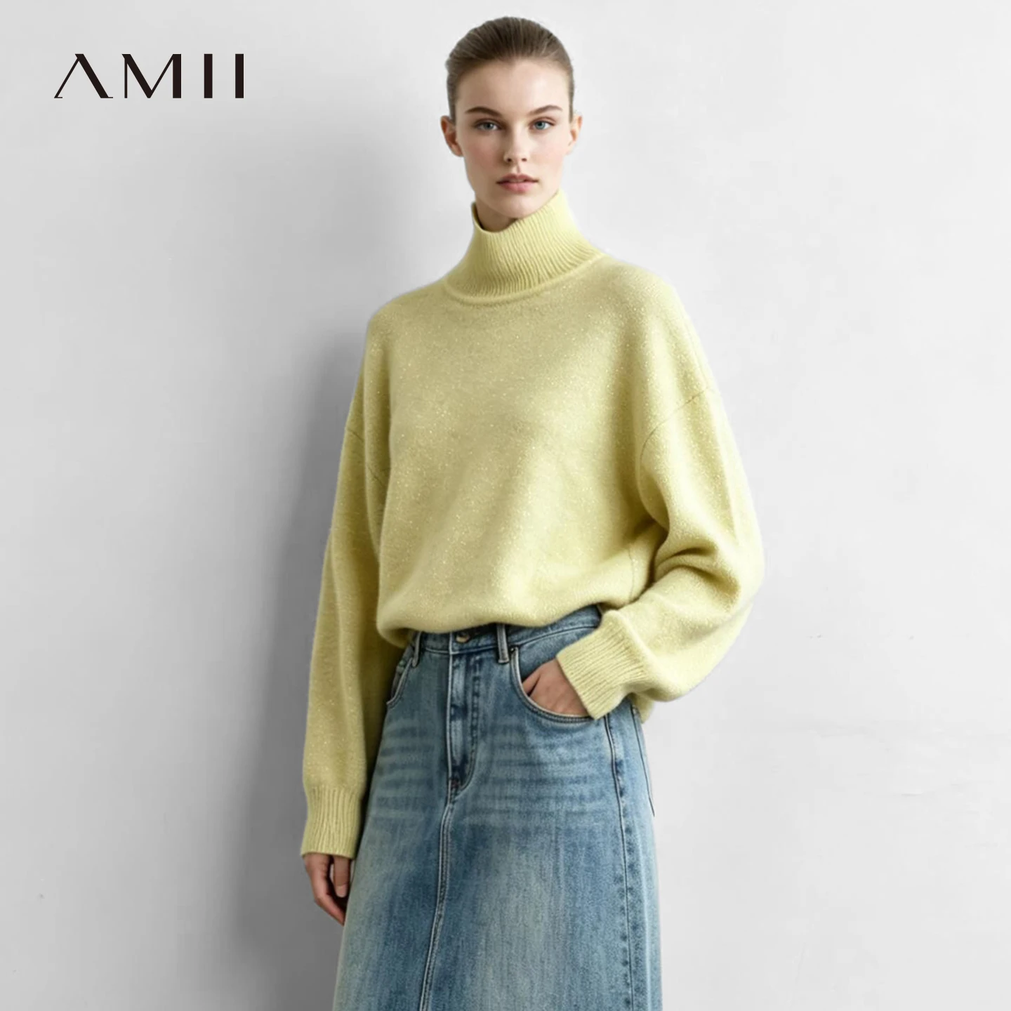 Amii Turtleneck Knit Sweaters Drop Shoulder Loose Woman Jumpers Minimalist Versatile Commuter Winter Women's Sweater 12624116