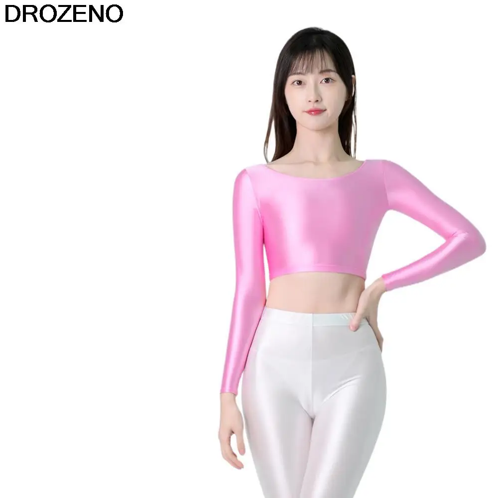 Stretch Sports Glossy Silky Bottoming Yoga Women's Thin Tight Midriff-Baring Long Sleeve Top