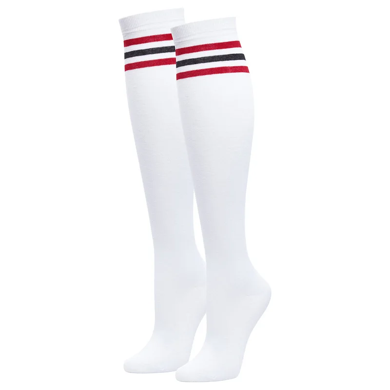 Chaussettes de golf au-dessus du genou pour femmes, bas de sport et de loisirs, chaussettes de balle rayées à trois barres avec jupe courte