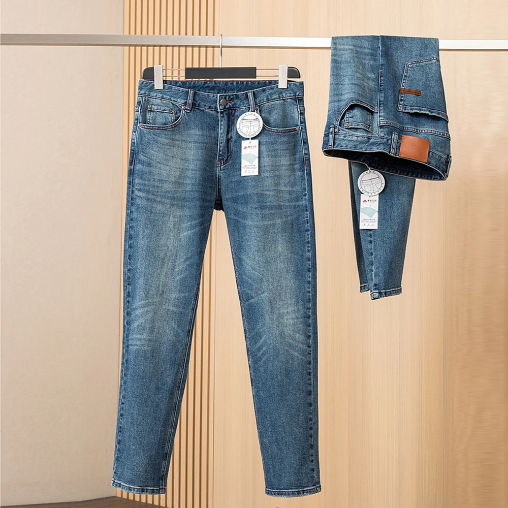 

Мужские джинсы прямого кроя из высококачественного ретро-денима, хлопок с эластаном, эффект потертости, четырехсторонняя растяжимость, длинные брюки, осенняя коллекция