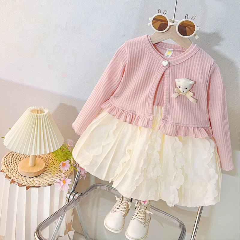 

Girls' Dress Baby Spring Outfit Girl Baby Sleeveless Dress Long Sleeve Knitted Cardigan Two-Piece Princess Dress Spring Autumn