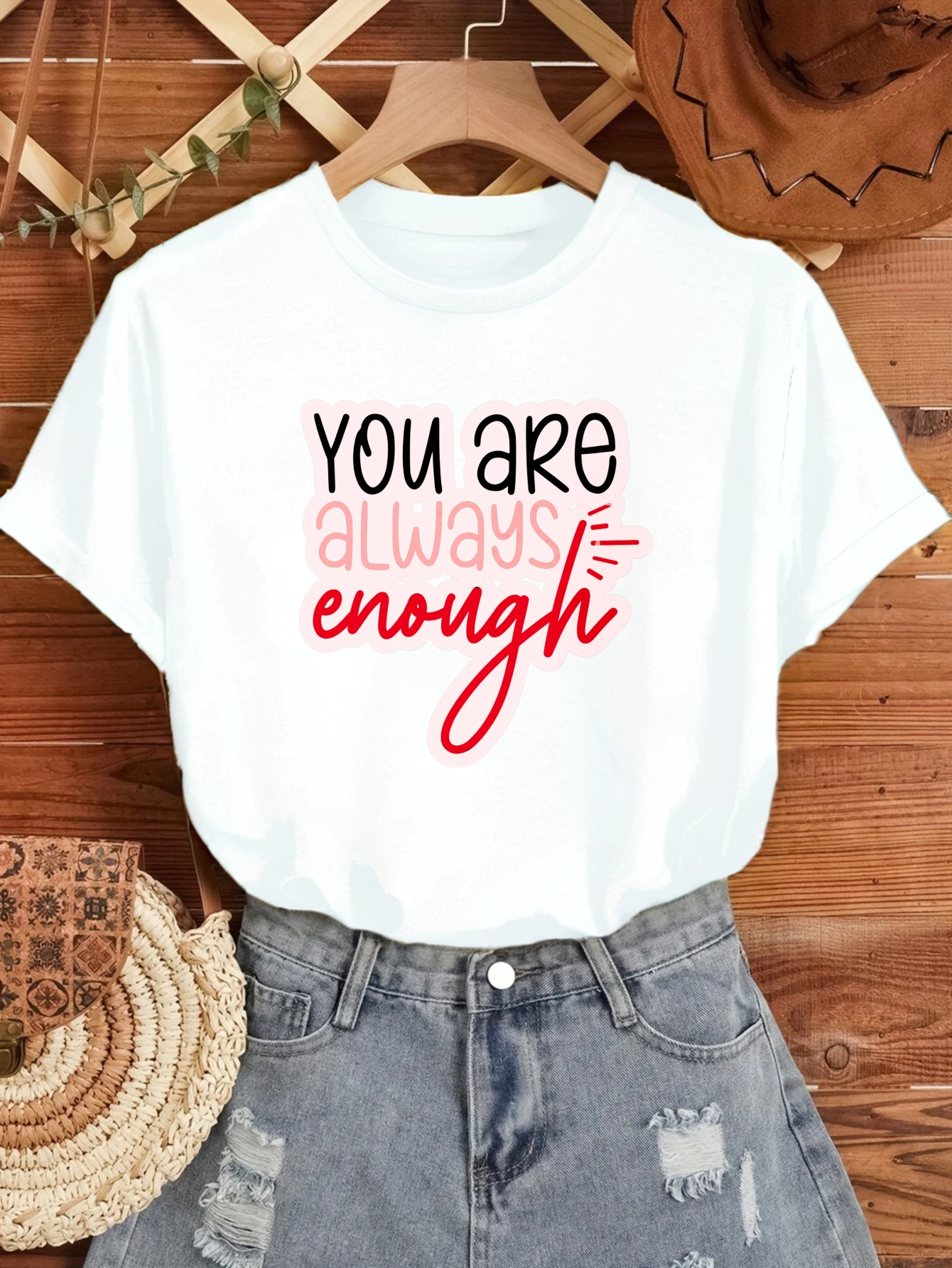 

Женские футболки в китайском стиле, повседневная футболка для пар, повседневная футболка из 100% хлопка You Are Always Enough, винтажная футболка для пар