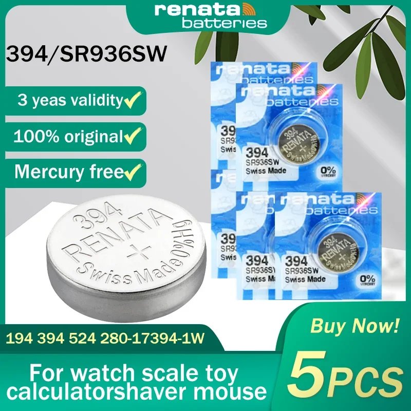 5PCS Original Renata 394 SR936SW AG9 LR936 1.55V Silver Oxide Watch Battery 194 LR45 For Toy Scale Swiss Made Button Coin Cells