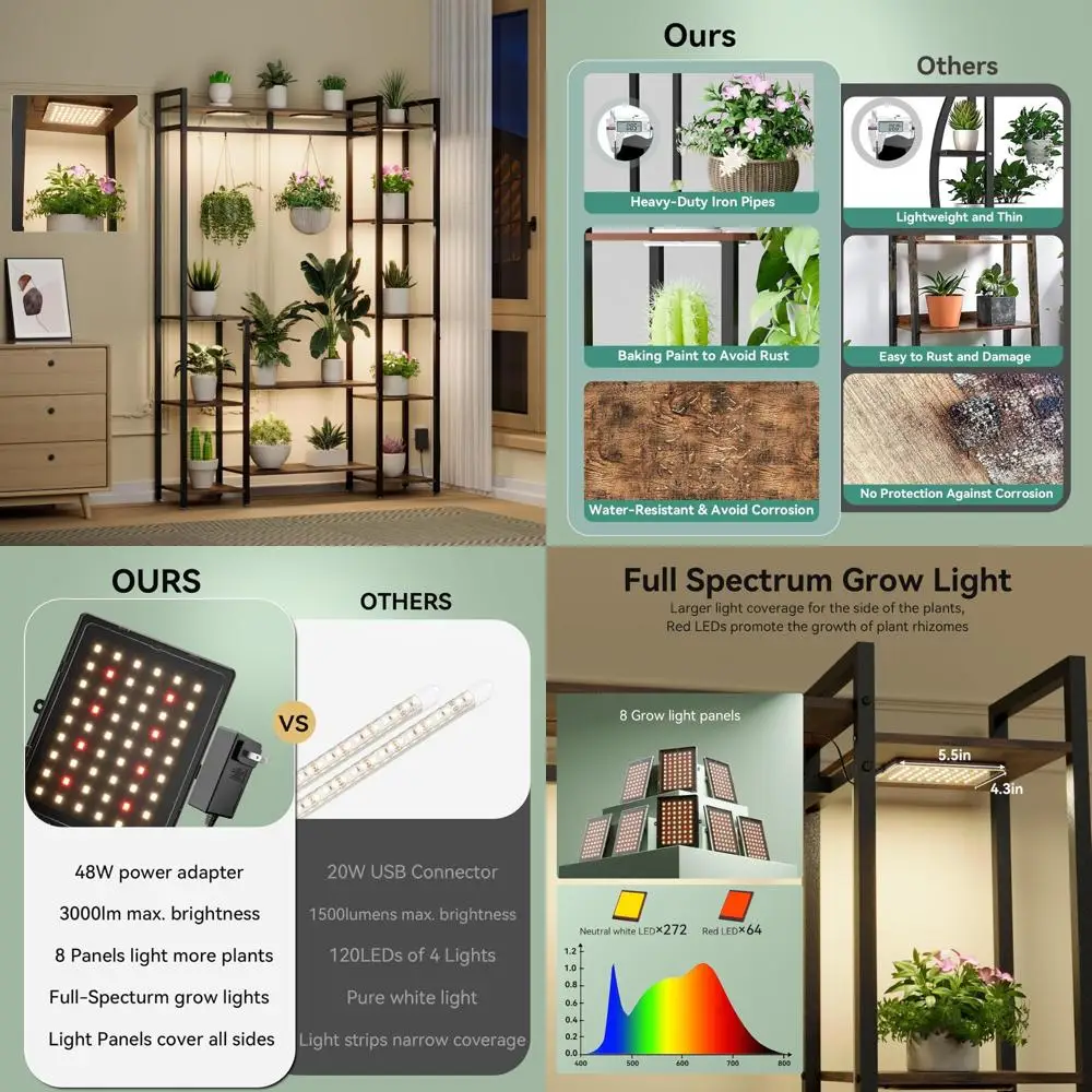 

Eleven-Tier Wood Indoor Plant Stand with Metal Frame and Grow Lights, 62 Tall for Multiple Plants
