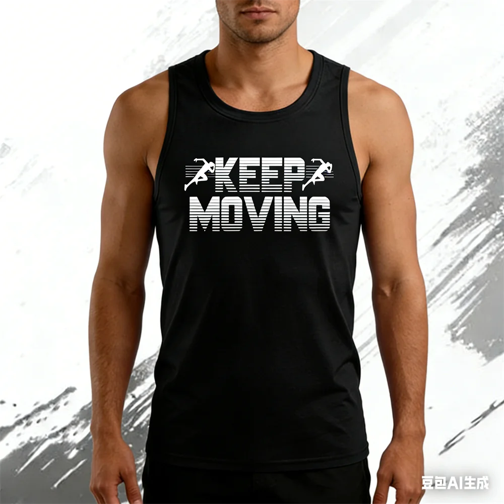 

Marathon Running Sports Men's Tank Tops 3D Keep Moving Letter Print O-Neck Men Vest Leisure Fashion Quick Dry Sleeveless T-shirt