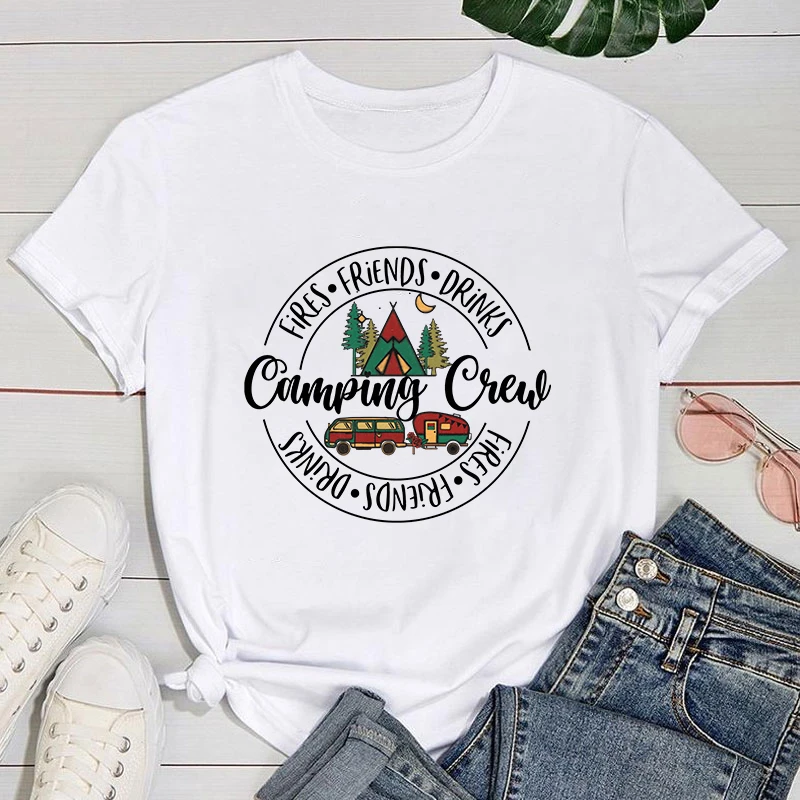 

(Premium T-shirt)Fires Friends Drinks Camping Crew Letter Print T Shirts With Funny Saying Girls And Women'S Fashion Graphic Tee