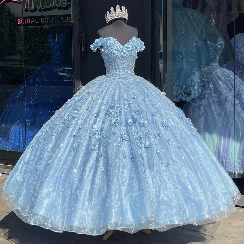 Vestido de quinceañera azul cielo claro, Apliques de encaje, flor 3D, hombros descubiertos, con cordones, para baile de graduación, 16