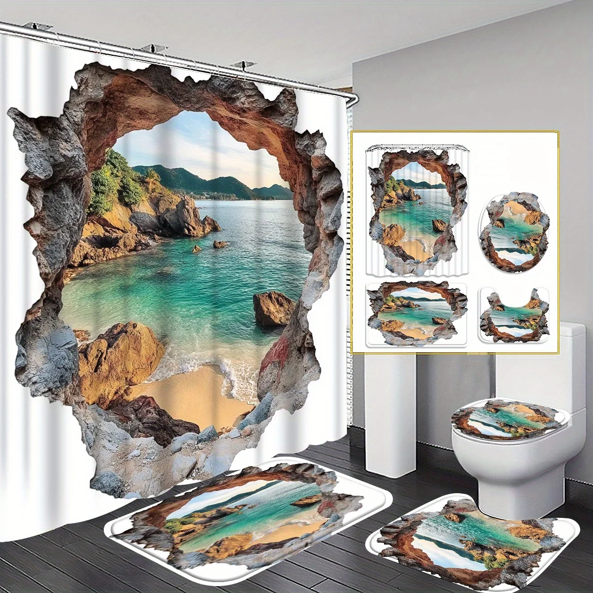 

4 шт., креативный удлинитель пещеры, космический океан, пляж, лесной узор, набор занавесок для душа, занавеска для ванной комнаты, декор для ванной комнаты, напольный коврик