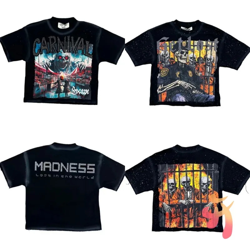 

Retro Wahsed Black Hot Diamond BKYS Tshirts Graffiti Skeleton Man Print Round Neck Short Sleeve Loose Streetwear Unisex Tops