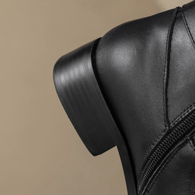 Women's new leather cowhide round head metal belt buckle, mid heel plus size and knee zipper high top boots, fashion boots - Image 6