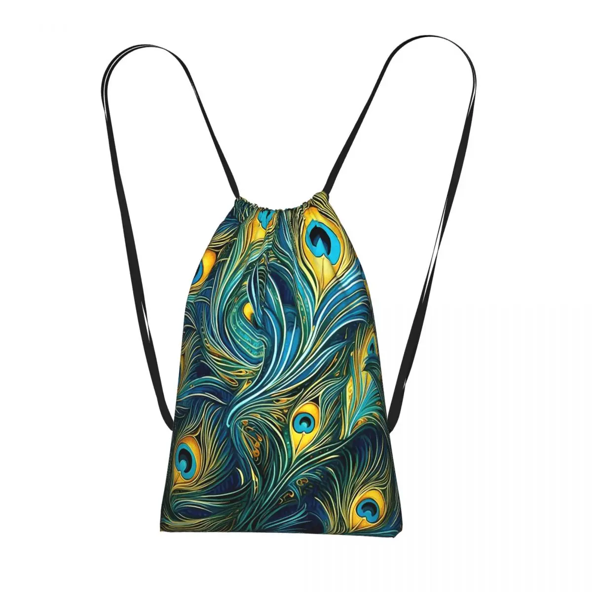

Colorful Peacock Feather Backpacks Multi-function Drawstring Bundle Pocket Sports Bag Book Bags for Man Woman Students