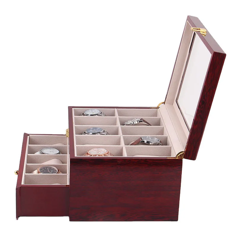 20 Slots Wooden Watch Box Case Glass Wine Red Piano Finish Baking Varnish Craft Wood Watch Boxes Organizer Storage Holder Gifts