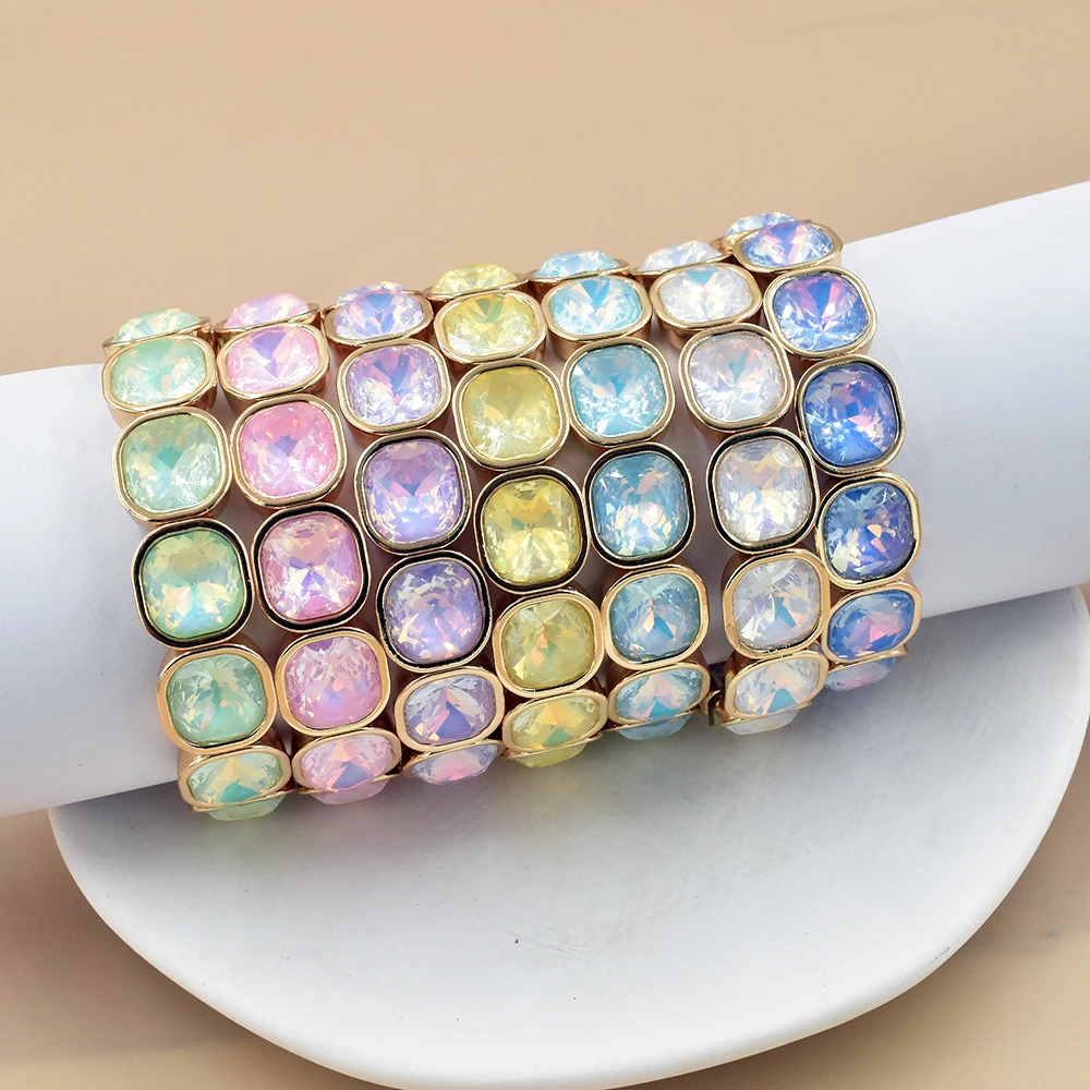 

New Boho Style Fashionable Light Luxury Square Beaded Mocha Color Crystal Elastic Rope Bracelet Women's Jewelry