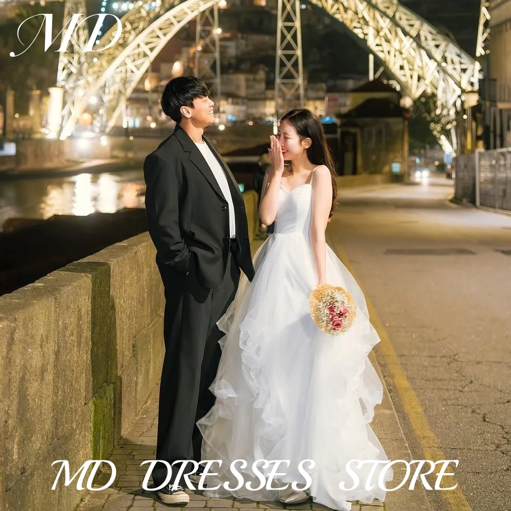 

MD Elegant Spaghetti Strap A-line Wedding Dress Ruffle Korea Photoshoot Floor-Length Bridal Gown Corset Customized 2025 웨딩드레스