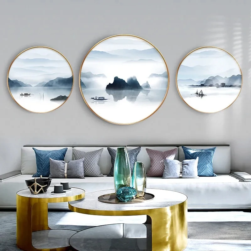 Light Luxury Living Room Decorative Painting Chinese Sofa Background Wall Circular Mural Atmospheric Landscape Triptych Painting