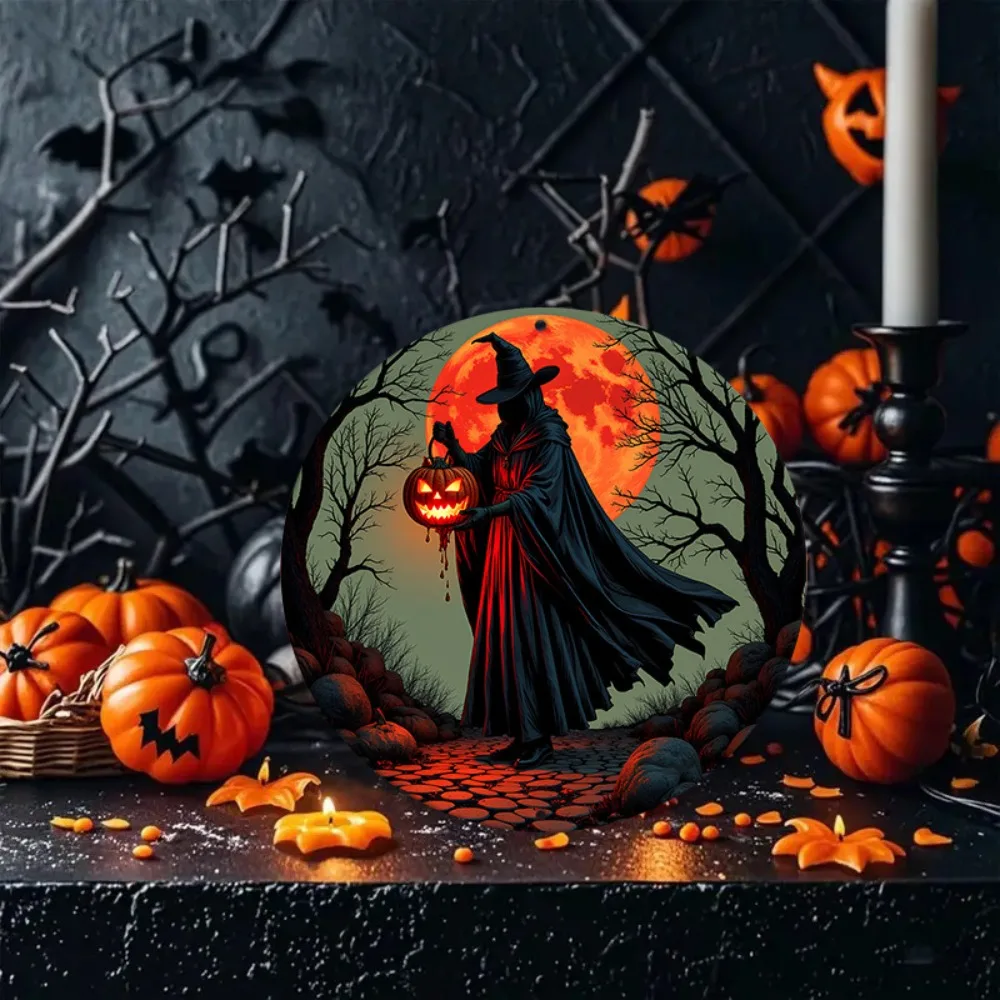 Halloween Grim Reaper with Jack O' Lantern Metal Tin Sign, Retro Red Moon Spooky Round Wall Art Decor, Vintage Horror Pumpkin Ti