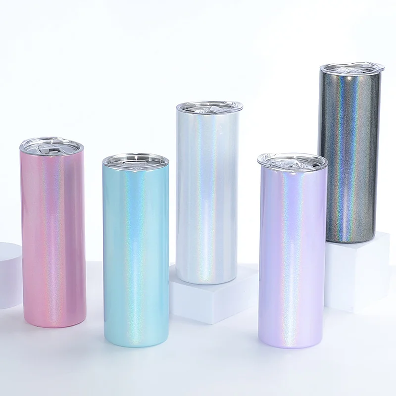 20oz Glitter Straight Skinny Tumbler With Lid Straw Stainless Steel Slim Travel Vacuum Water Bottle Cup For Hot Cold Drink