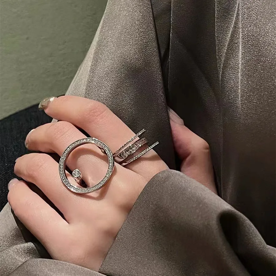 Korean Original Design Luxury Zircon Geometric Adjustable Rings for Women Ins New Fashion Index Ring Girl Party Jewelry Gift