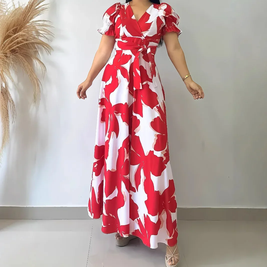 

A new casual printed V-neck dress for European and American women