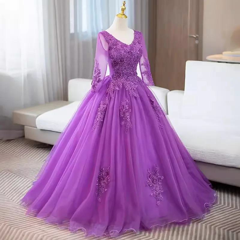 Prawdziwe zdjęcie elegancka fioletowa suknie balowe z długim rękawem w szpic koronkowa aplikacja bufiasta damska sukienka imprezowa słodka 15 Quinceanera