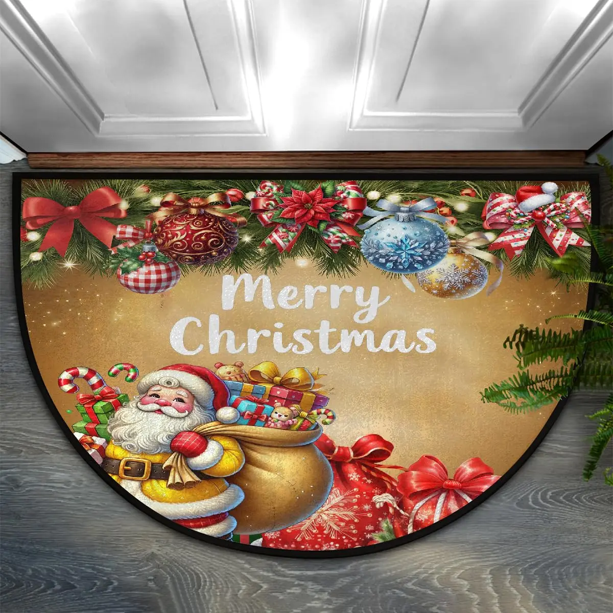 VIKAMA Weihnachtsmann-Geschenk, Deko, halbrunde Fußmatte, rutschfest, waschbar, saugfähig, weich, Halbmond-Teppich, Bodenmatte, Heimdekoration