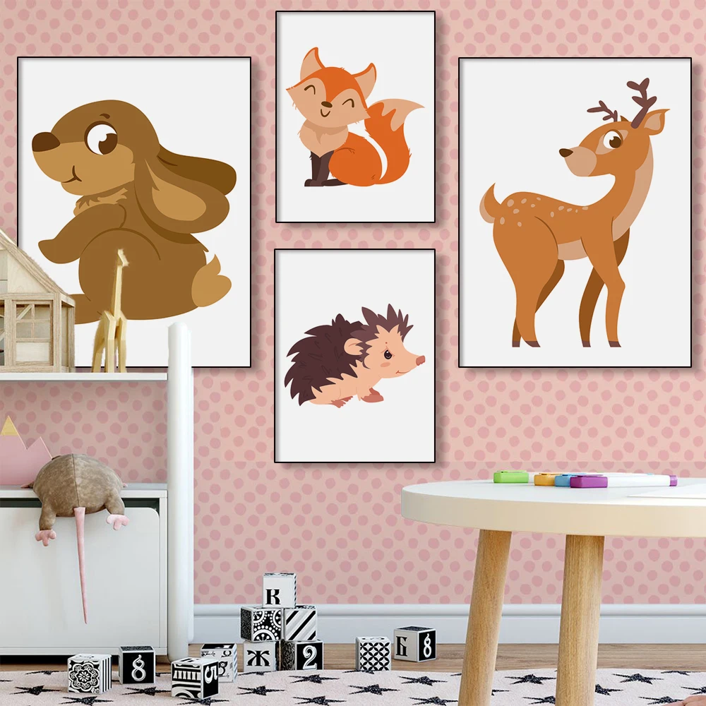 

Cute Cartoon Animals Canvas Painting Sika Deer Bear Owl Hedgehog Nordic Posters Wall Art Pictures for Kids Room Home Decor
