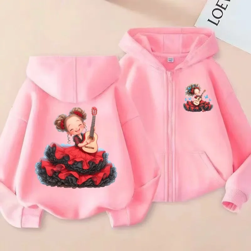 Sudadera con capucha y cremallera para niños, diseño de princesa española en vestido rojo tomando la guitarra, color rosa, dulce y adorable
