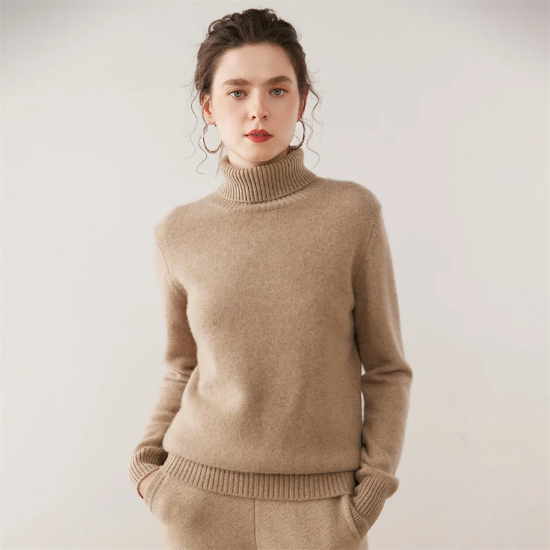 المرأة الماعز سترة الكشمير المعنقة عالية الياقة طويلة الأكمام البلوز الخريف الشتاء لينة الدافئة عادية الكشمير تريكو بلوزات سميكة #5