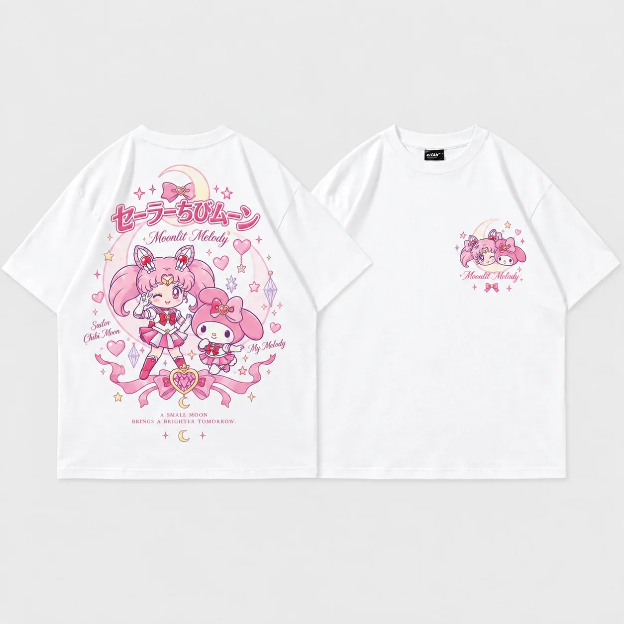 Sanrio Hello Kitty Sailor Moon Parent Child Tee Men's Women's White Retro Cool Art Print Oversized Short Sleeve Streetwear Top