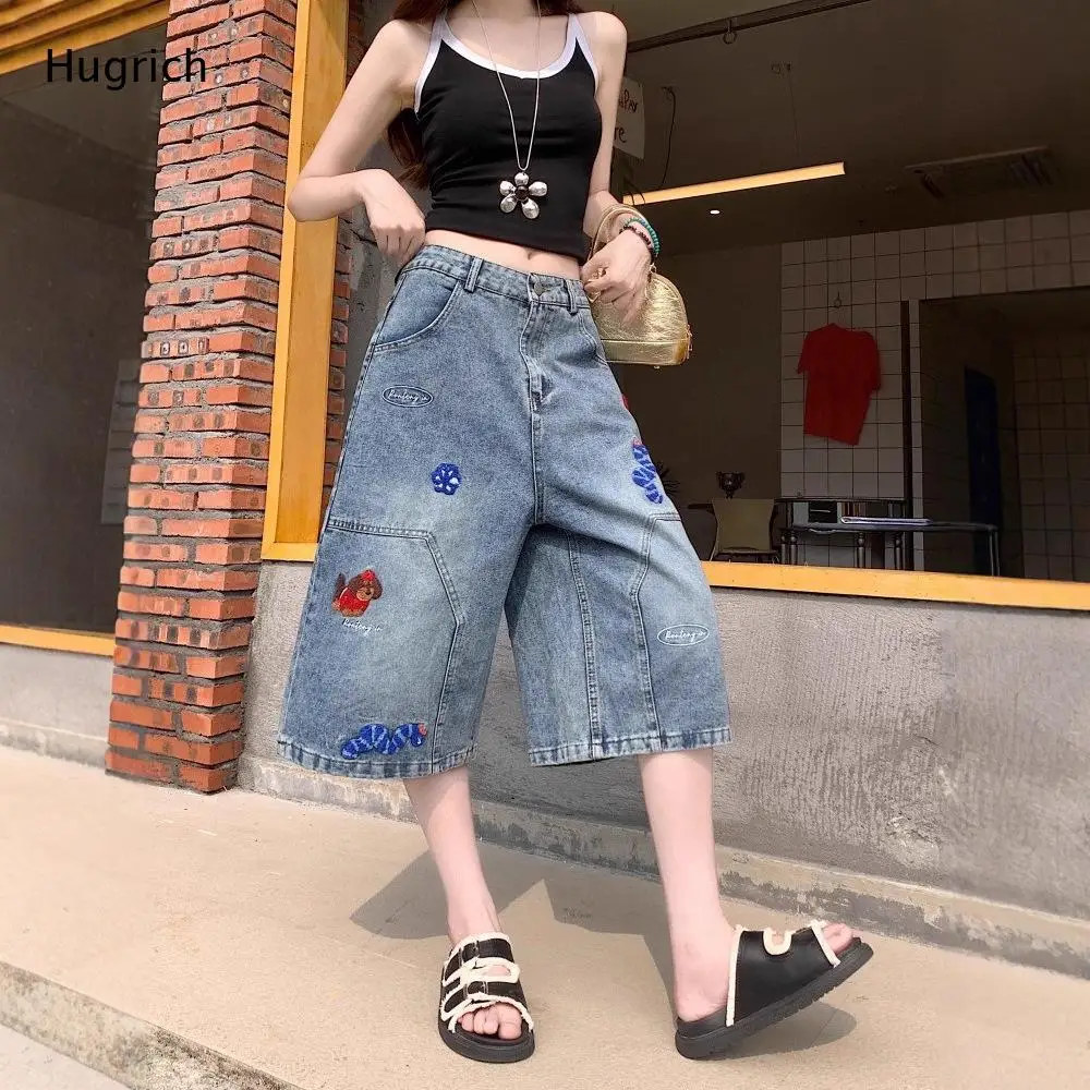 

Cartoon Embroidered Denim Culottes for Women Loose Wide Leg Mid Calf Jeans with Cute Dog Flower Embroidery Streetwear