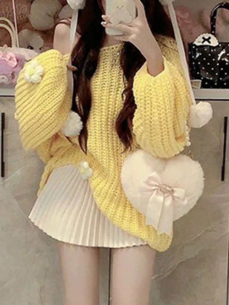 Kawaii Knitted Two Piece Set Women Loose Sweet Sweater + Pleated Mini Skirt Female Korean Fashion Design Casual Set 2024 Winter