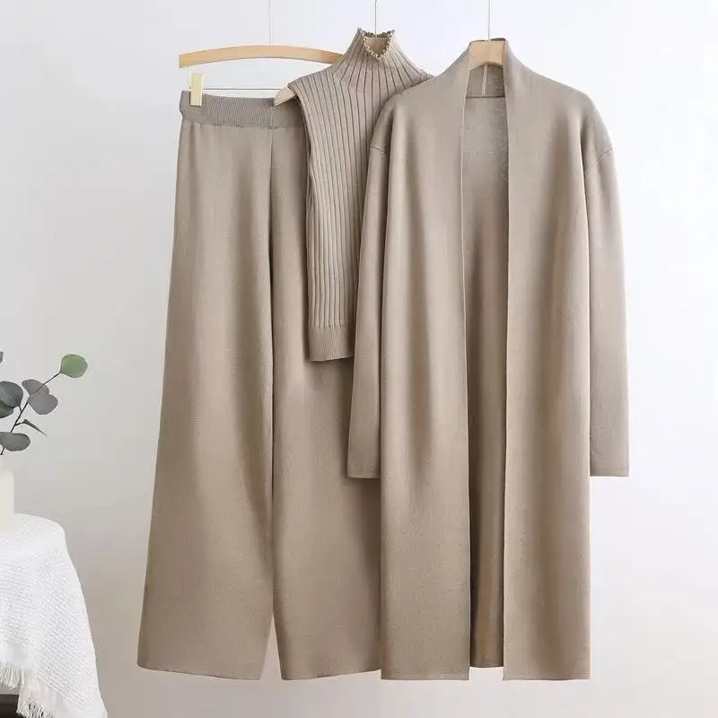 2025 الشتاء والخريف المألوف أنيقة المرأة محبوك 3 قطعة مجموعة سترة المرأة سترة المرأة بنطال ذو قصة أرجل واسعة 3 قطعة مجموعة