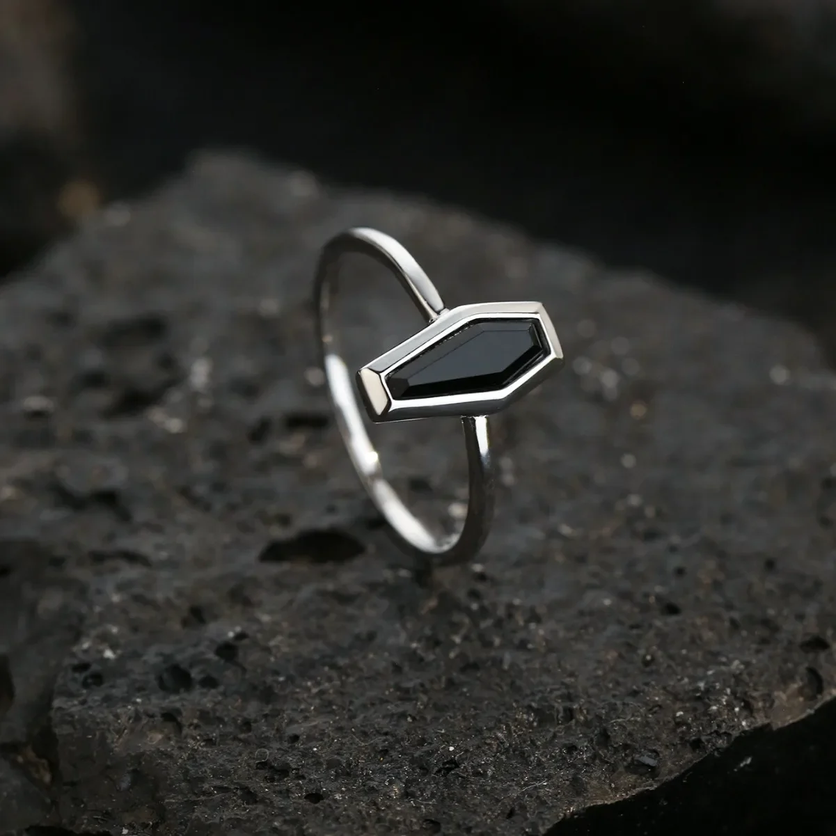 Unisex 925 Sterling Silver Black Agate Coffin Ring, Unique Style