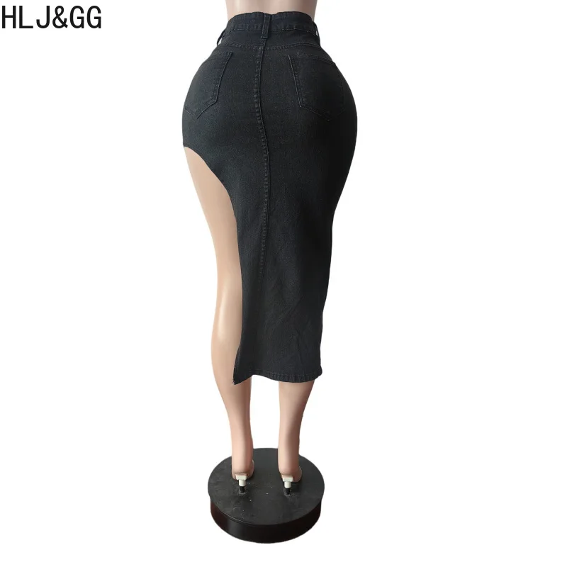 HLJ & GG mode broderie lettre irrégulière maigre Denim jupes femmes taille haute bouton poche Cowboy bas femme Streetwear