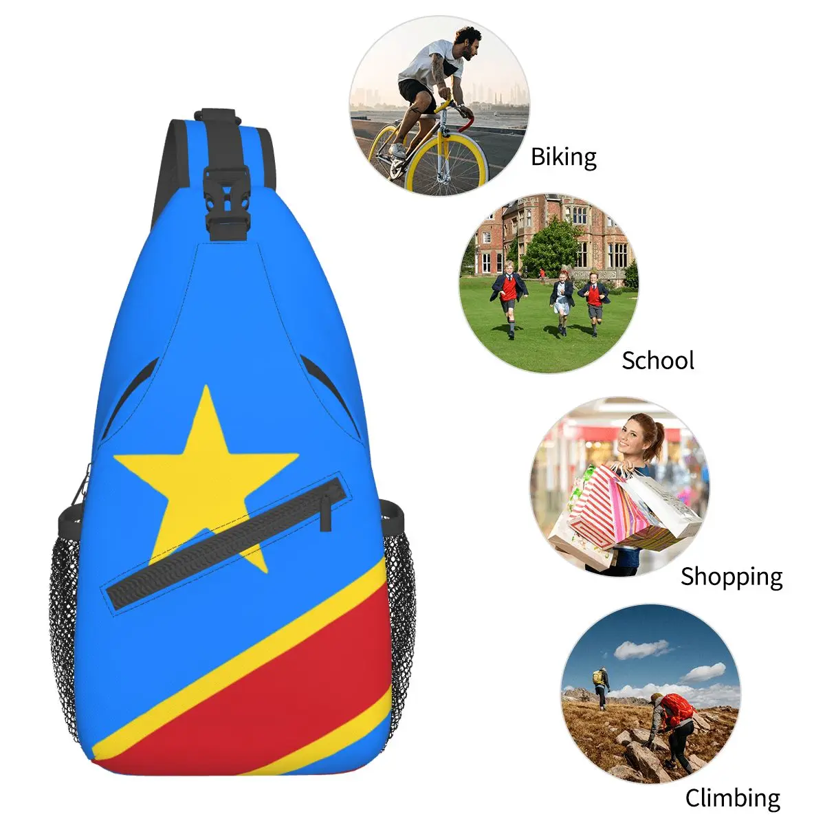 Vlag Van Congo Crossbody Slingtassen Casual Borsttas Kinshasa Zaire Schouderrugzak Dagrugzak Voor Wandelreispakket