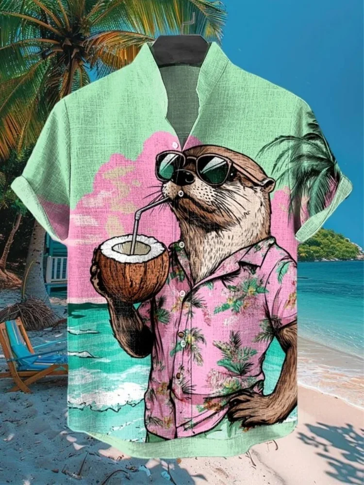 

Мужская повседневная рубашка с принтом выдры и кокосового сока для отпуска, винтажная зеленая модная рубашка с воротником-стойкой, рубашки большого размера