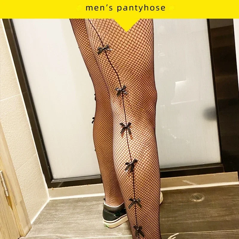 جوارب طويلة شبكية للرجال ، جوارب طويلة مثيرة للمثليين ، ملابس داخلية رجالية غريبة ، ملابس داخلية سيسي ، عقدة فيونكة ، أسود ، انخفاض الشحن ، موضة جديدة