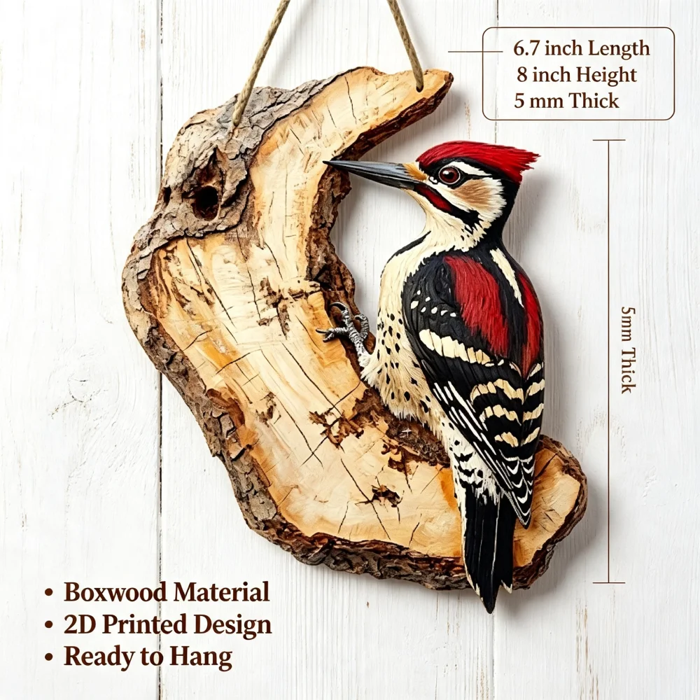 American Rural Style Woodpecker Wooden Hanging Ornament, 2D Printed Boxwood Wall Plaque, Bird Lover Gift Wall Hanging Decor, 6.7in Length × 8in Height, 5mm Thickness