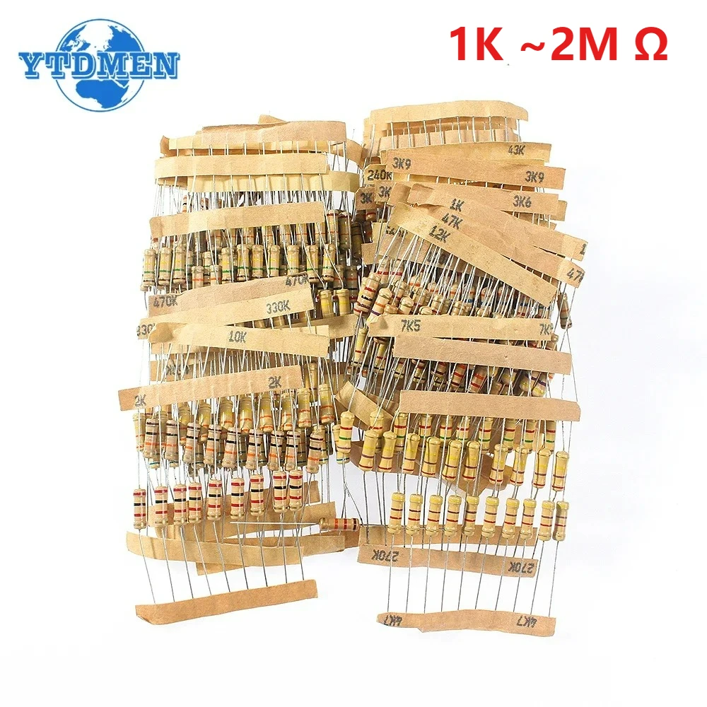 

480PCS 48Values Resistor Kit 1K ~2M Ω with 5% 1W Carbon Film Resistors Assortment Electronic Color Ring Resistance Assorted Kit